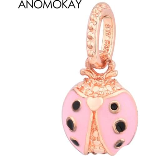 Anomokay Classic Rose Gold Ladybug Charms Pendant fit Bracelets Pink Black Enamel Insect Beads for Women Girl DIY Jewelry