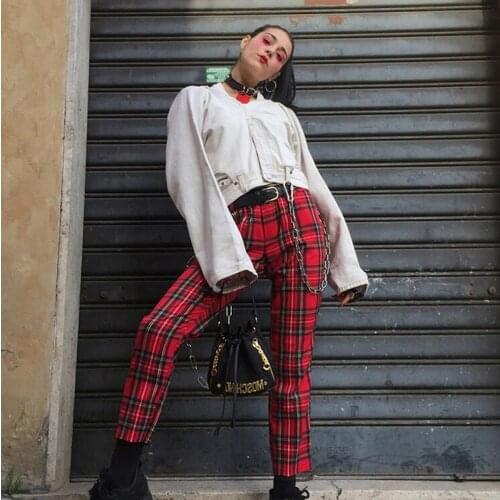 Fashion Autumn Winter Women Streetwear Retro Red Plaid Harajuku Punk Pants Casual High Waist Rock Straight Pants