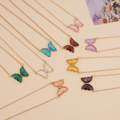 Glass Multicolor Butterfly Necklace Animal Blue Green Yellow Pink Butterfly Pendant For Friends Girls Women Party Valentine Gif