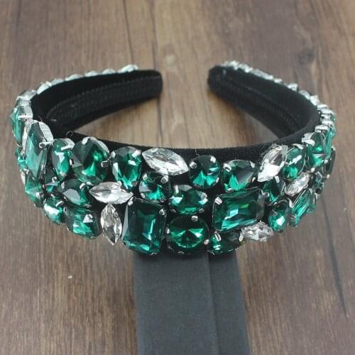 Baroque fashion headband full green shiny rhinestone sun flower geometry for woman luxury dance party catwalk headband