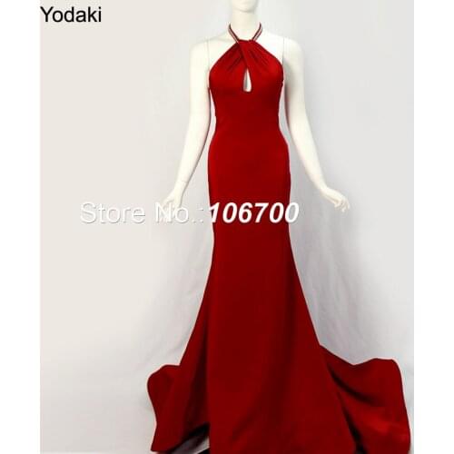 Real Photos Halter Beading High Neck Evening Dresses Keyhole Backless Red Color Crepe Long Pageant Prom Gowns 2018