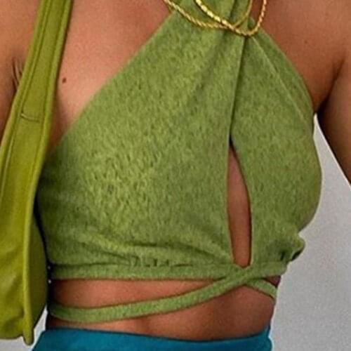Sexy Women Vest Crop Tops Solid Color Backless Bandage Hollow Out Cropped Halter Vest y2k Party Tank Tops