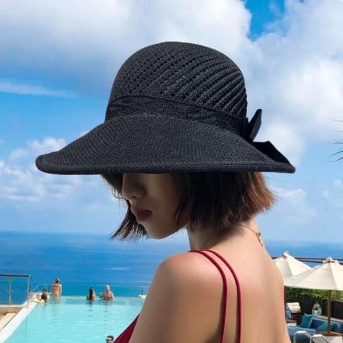 2021 Summer Female Sun Hats Big Brim Classic Bowknot Foldable Fashion Straw Hat Casual Outdoor Beach Cap for Women UV Protected