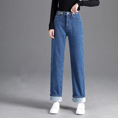 2020 Jeans Women Winter Warm Straight Jeans Fleeces Thick Denim Trousers Loose Blue Casual Pants Female Jean Black Pant P9508