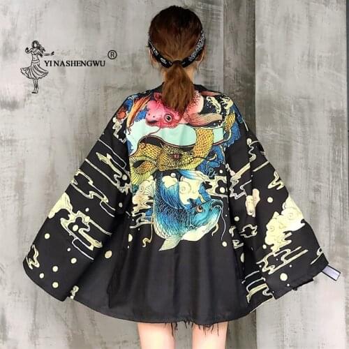 Yukata Women Harajuku Cardigan Japanese Kimono Asian Clothes Carp Printed Shirt Tops Casual Kimonos Femme Kawaii Kimono Cosplay