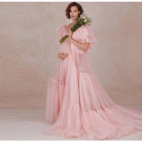 Sweet Pink Tulle Long Brodal Robe To Photo Shoot Sexy See Thru Ruffles Maternity Women Dresses Summer Dress Vestidos