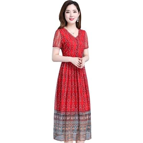 Summer Women Chiffon Dress Elegant Fashion Vintage Print Pleated Dress Dlim V-neck Short sleeve Thin Dress Vestidos Plus Size