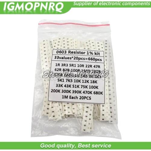 0603 SMD Resistor Kit Assorted Kit 1ohm-1M ohm 1% 33valuesX 20PCS=660PCS/lot Sample Kit igmopnrq