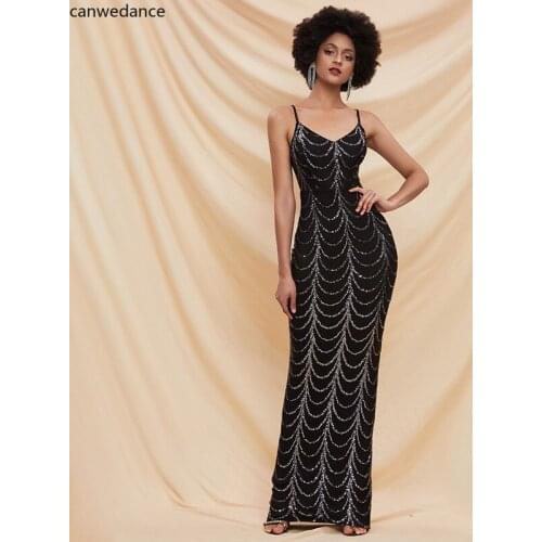 2020 Elegant Sequins Women Slip Dresses Sleeveless Deep V Neck Women Maxi Dresses Evening Gowns for Women