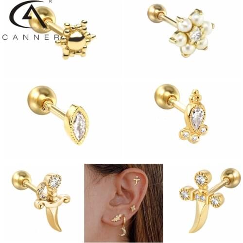 CANNER Ins Puncture Thread Stud Earrings For Women 925 Sterling Silver Huggie Geometric Diamond Puncture Earrings Fine Jewelry