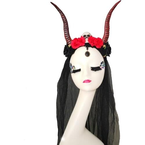 Gothic Antelope Sheep Horn Hoop Headband Handmade Demon Evil horn cosplay Headwear Skull Crystal Pendant Veil Headband
