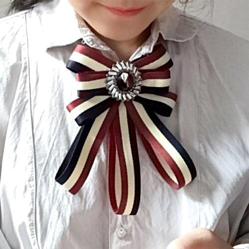 School Style Dual-use Stripe Bowknot Shiny Ring Crystal Glass Rhinestone Women Child Classic Necktie Lapel Pin Corsage Jewelry