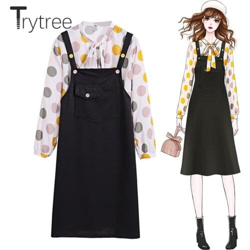 Trytree 2020 Autumn Women Two Piece Set Casual Bow Collar Dot Blouse Tops + Dress Solid Button Mini Office Lady 2 Piece Set