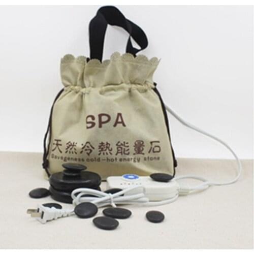 16pcs/set Adjustable Temper Natural Energy Lava Body Therapy Massage Stones Set Cold Hot Spa Rock Basalt Stone with Heater Bag