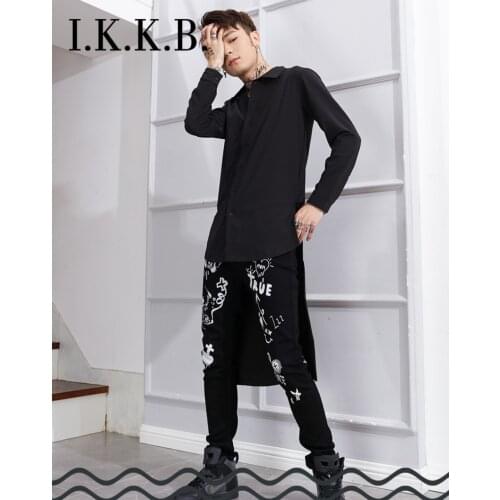 Slim fit mens long sleeve shirt black front short back long over knee long white shirt spring and autumn versatile stage fashio