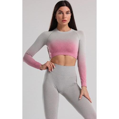 Workout Set Elastic Women Suit Gym Clothing Seamless Long-sleeved Top+High Waist Fitness Leggings 2pcs Soft Active Wear Gradient