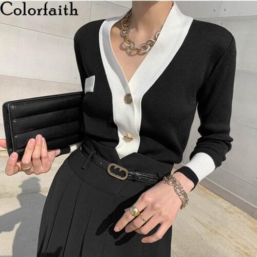 Colorfaith New 2021 Womens Autumn Winter Sweaters Fashionable Elegant Color Blocking Cardigans Vintage Short Wild Tops SWC3166