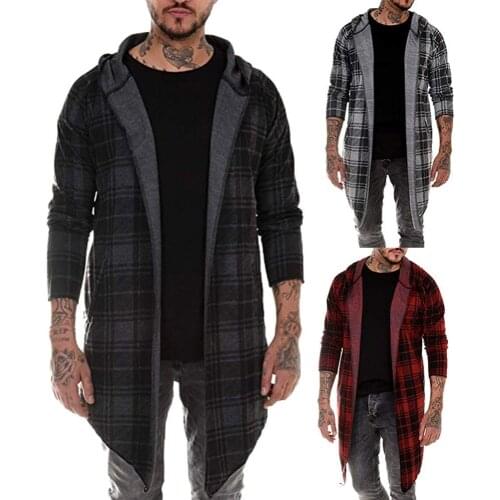 Autumn Fashion Men Plaid Print Long Sleeve Causals Hooded Shirt Coat Outwear Clothing Regula