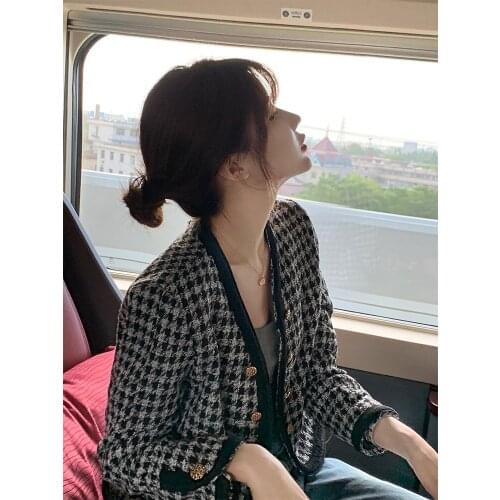 French Little Fragrant Lady Style Coat Womens Spring and Autumn Net Red Versatile Short Black Thousand Bird Plaid Tweed Top