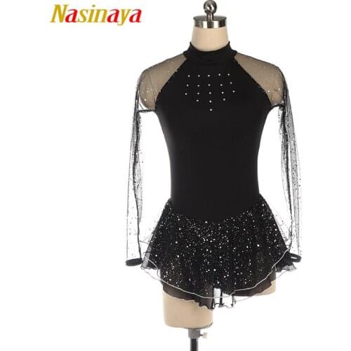 Nasinaya Figure Skating Dress Ice Skating Skirt for Girl Women Kids Customized Competition black white rose pink mesh shiny