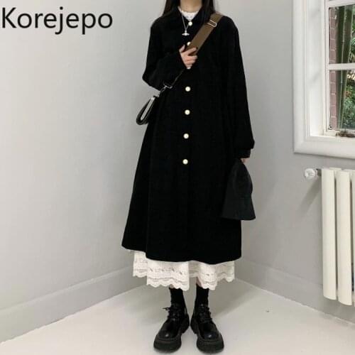 Korejepo Women Dress 2021 Autumn Winter French Retro Black Corduroy Mid-length Long-sleeved Long Dress Female Single Breasted