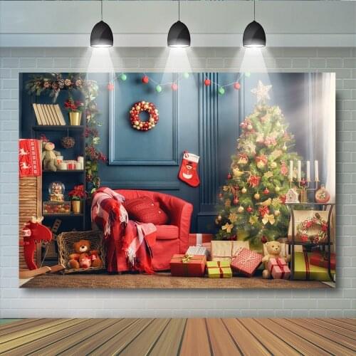 Christmas Gifts House scene Photography backdrop Christmas tree Sofa Toy bears Photo background Decoration Backdrop