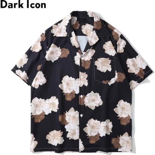 Dark Icon Floral Hawaiian Shirt Men Tur-down Collar Mens Polo Shirt Black White