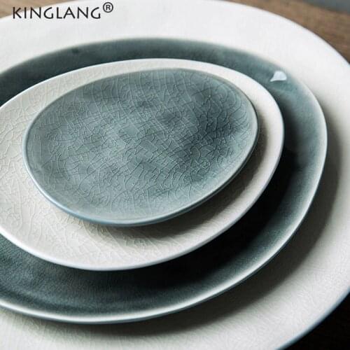 KINGLANG 1PCS Nordic Creative Ice Cracked Glaze Bowl Salad Bowl Japanese Dessert Dish Flat Ceramic Plate
