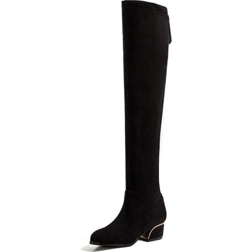 Round Toe Metal Heel Over The Knee Stretch Boots Thick Heel Zipper Stretch Fabric And Leather Velvet Long Boots
