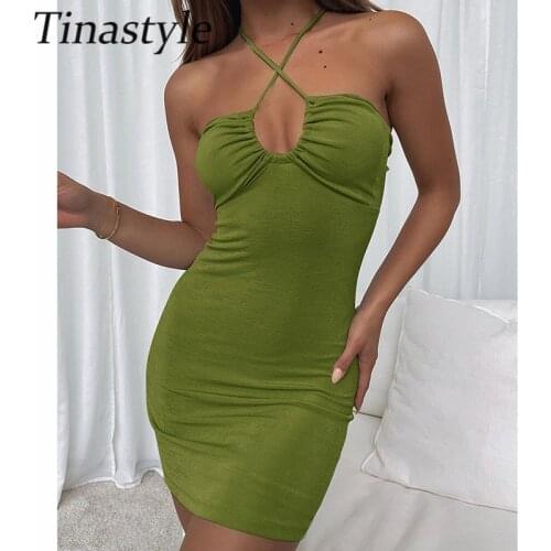 Tinastyle Halter Sexy Backless Dress Women 2021 Summer Strapless Hollow Out Beach Mini Dress Ladies Solid Ruched Party Vestidos