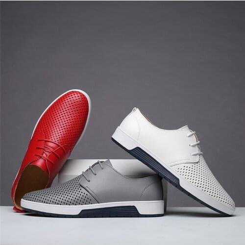 Yomior Casual Big Size 47 48 Men Leather Shoes Soft Summer Breathable Non-slip Flats Lace-Up Loafers Classic Men Shoes Red Black