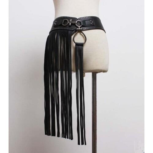 European and American punk style long tasseled skirt ladies waist seals fashionable rivet wide belt tight black belt 6cm wide