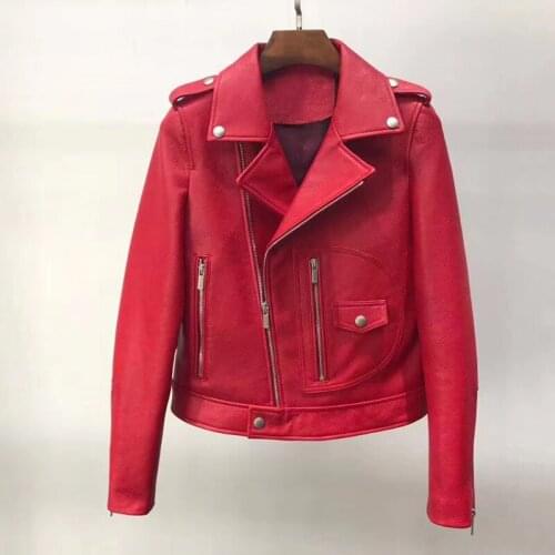 Locomotive Clothes Short Design Women Coat Spring Turn-Down Collar Real Goat Skin Jacket Ladies Litchi Grain Bee Pattern