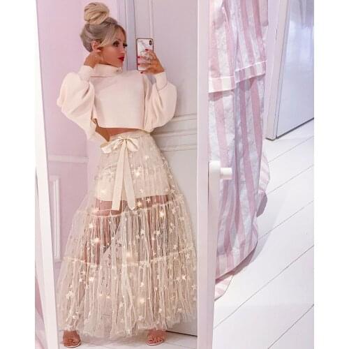 SKMY 2021 New Summer Beach Wear Star Sequined High Waist Mesh Skirt Female A-Line Long Maxi Pleated Skirt Women Clothing