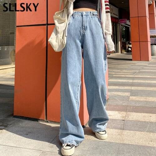 SLLSKY New Adjustable High Waist Woman Jeans Vintage Quality Loose Wide Leg Denim Trouses Streetwear Fashion Straight Pants
