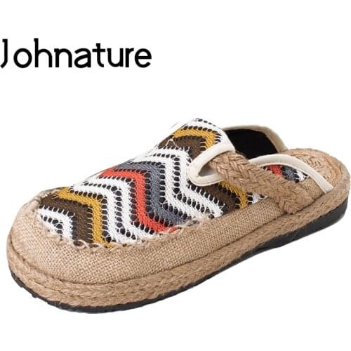 Johnature 2020 New Autumn Women Shoes Outside Slippers Flat With Sewing Geometric Handmade Slides Cotton And Linen Women Sandals