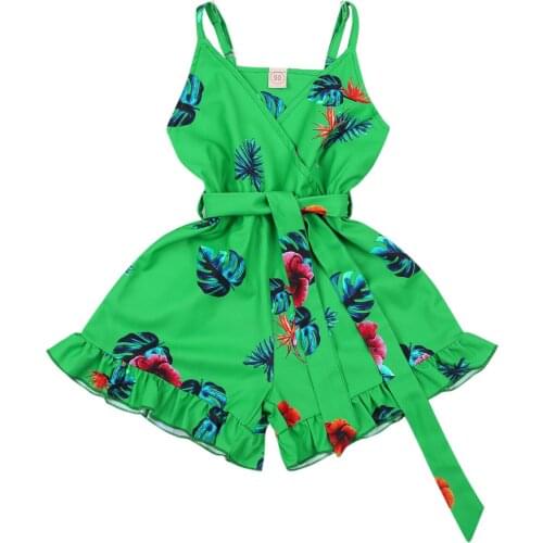 New Summer Girl’S Summer Casual Suspender Jumpsuit Fashion Flower Print Bandage High Waist One-Piece Short Pants Red Green