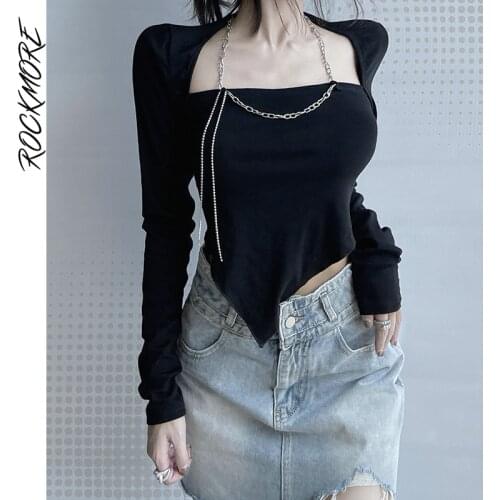 Rockmore Sexy Irregular T Shirt Chain Backless Tie Up Crop Top Womens Harajuku Cotton Long Sleeve Streetwear Women Slim Tees
