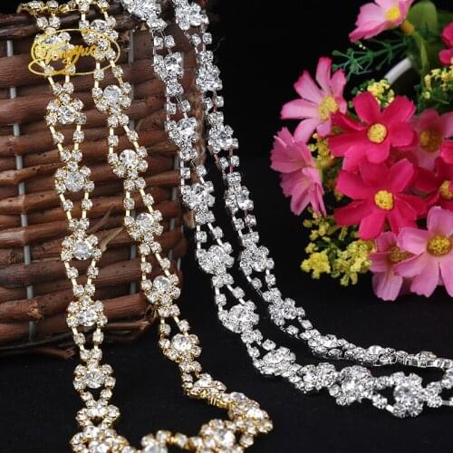 Gold And Silver color 1 YD Rhinestone embellish Alloy Chassis DIY Clothing Sewing Applique Adornment Rhinestone Crafts