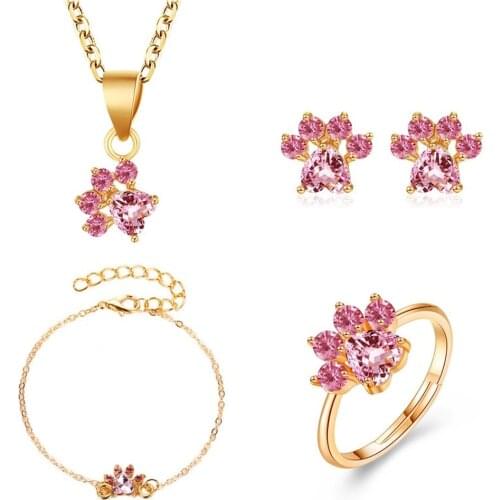 4PCS/Set Fashion Creative Simple Cute Cartoon Cat Inlaid Cubic Zirconia Claw Footprint Necklace Jewelry Accessories Female Gift