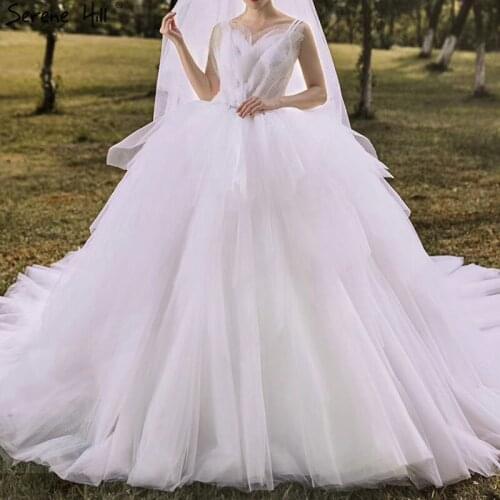 White High-end V-Neck Sexy Wedding Dresses 2019 Sleeveless Sequined Pleat Elegant Bridal Gown Serene Hill Couture CHM67021