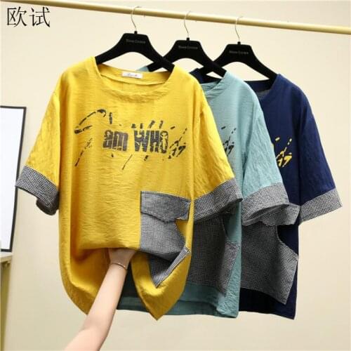 Plus Size Cotton Linen Summer T Shirt Women Korean Plaid Tee Shirt 2021 Tops Oversized T-shirt Casual Woman Tshirt Patchwork