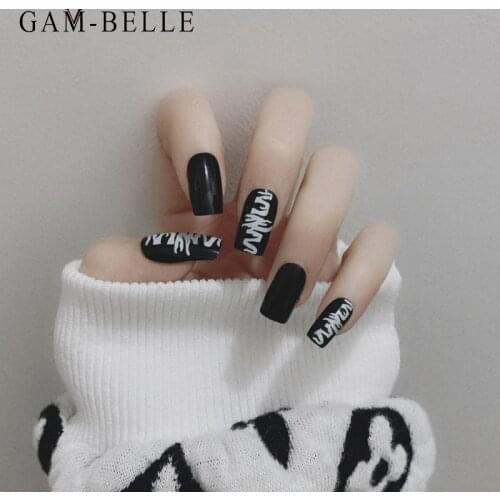 GAM-BELLE Glossy Graffiti Black False Nails Art Tips Gothic Long Square Professional Press On Nail Fake Nails Manicure Tool