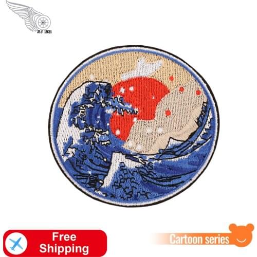 Red Sun With Surf Embroidered Patches High Quality Cartoon Iron on for Clothing Biker Appliques Jackets Jeans Badges Custom DIY