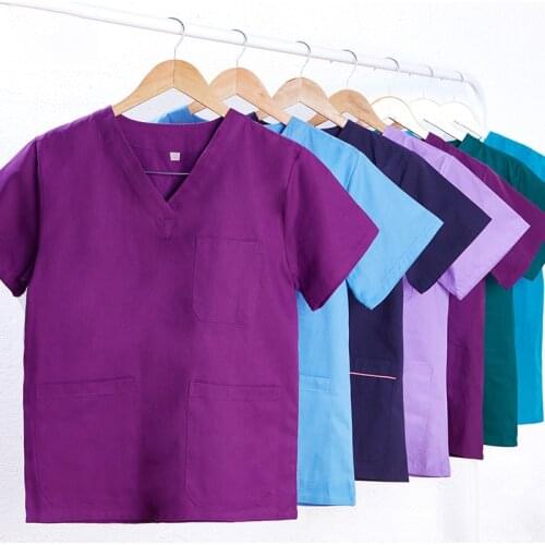 Clearance Scrub Set Nurse Workwear Scrubs Nursing Uniforms V Neck Women Men Solid Color Doctor Working Suit Cheap
