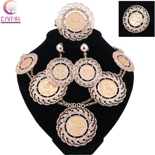 Fashion Italian Dubai Abaya Long Jewelry Sets Gold Coins Women African Gold Crystal Wedding Costume Necklace Earrings Set
