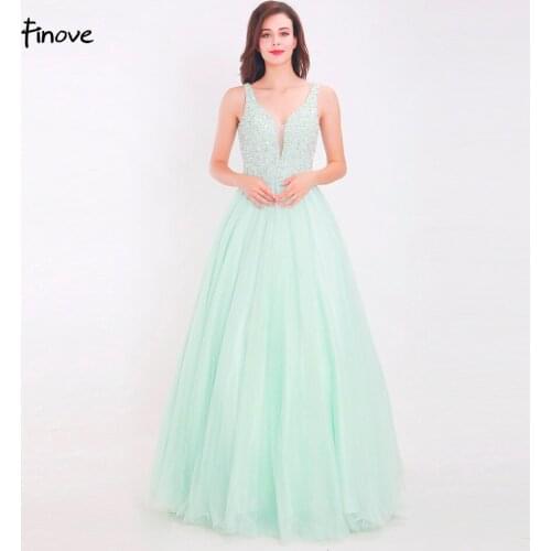 Finove Prom Dress 2020 Long Illusion Tulle Baeded Crystals Sexy Deep V Neck Backless Formal Party Woman Dress vestido de fiesta
