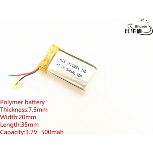Free shipping 1pcs/lot Polymer battery 500 mah 3.7 V 752035 smart home Li-ion battery for dvr GPS mp3 mp4