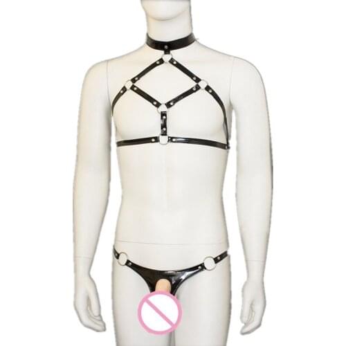 Fetish Men BDSM Harness Clothes Male Leather Tops Chest Harness Belts with Open Crotch G-Strings Sexy Gay Body Bondage Underwear