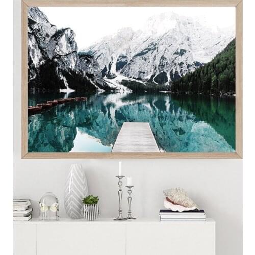 Nature Landscape Painting Nordic Style Print Mountain Lake Boat Wall Art Picture Scandinavian Poster Modern Living Room Decor